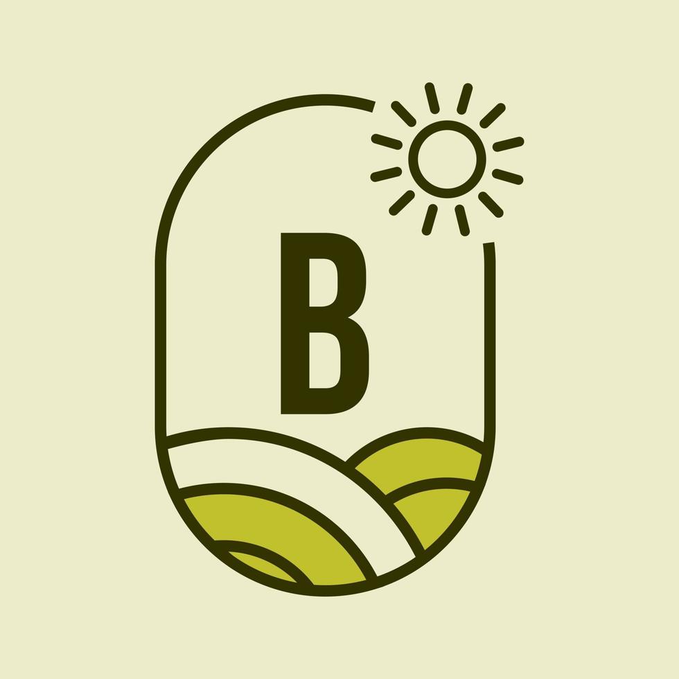 lettera B agricoltura logo emblema modello. agro azienda agricola, agroalimentare, eco-fattoria cartello con sole e agricolo campo simbolo vettore