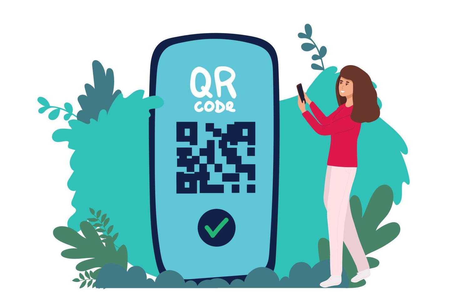 bandiera atterraggio pagina qr codice lettura icona nel smartphone. mano Tenere mobile Telefono nel linea stile, codice a barre scanner per pagare, ragnatela, mobile app, promo. vettore illustrazione