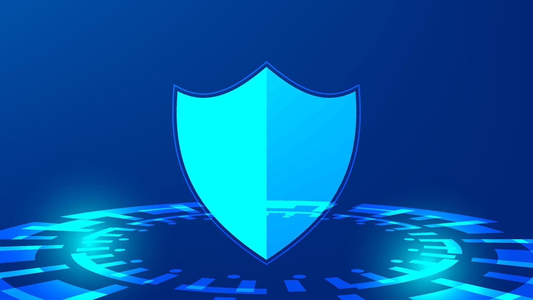 informatica sicurezza e dati protezione concetto. scudo con Ciao Tech cerchio su blu illuminazione sfondo vettore