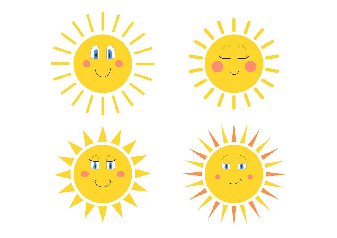 carino soli. luce del sole emoji, carino sorridente facce. isolato divertente smileys vettore icone su bianca sfondo.
