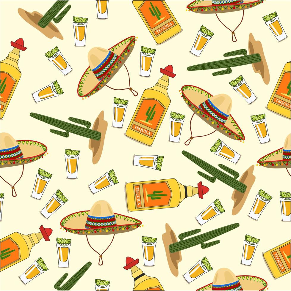 Tequila vettore bottiglia e tiro di Tequila con lime su un' leggero giallo sfondo. cactus, sombrero, sabbia. giallo, rosso, verde. senza soluzione di continuità modello.