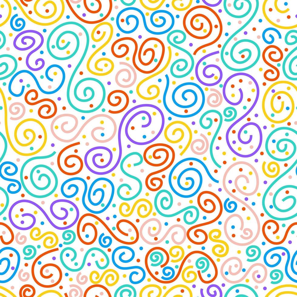 colorato spirali e puntini su bianca senza soluzione di continuità sfondo. luminosa modello. ondulato Riccio Linee. divertimento forme. a righe elementi. tessuto, Stampa, tessile, involucro carta. vettore