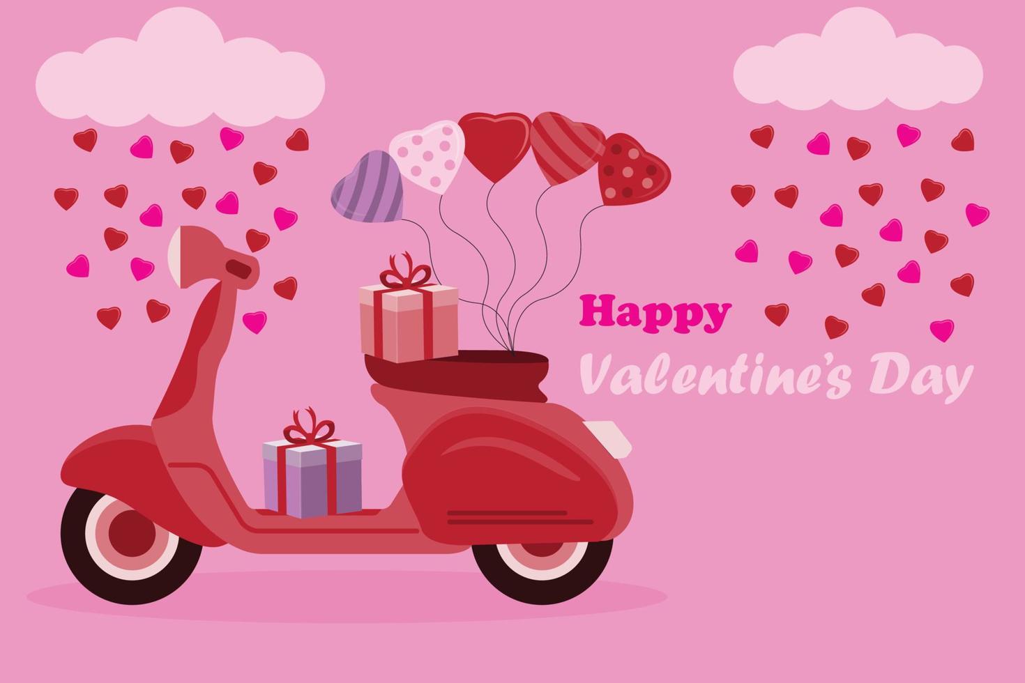 San Valentino giorno celebrazione sfondo con carino motociclo palloncini e i regali con molte di amore vettore