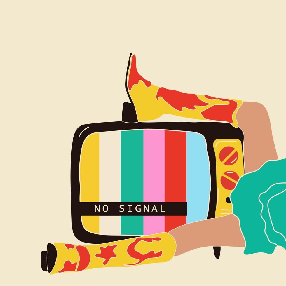 ragazza detiene un vecchio tv nel sua gambe .retrò moda stile a partire dal anni 80. vettore illustrazioni nel di moda colori.