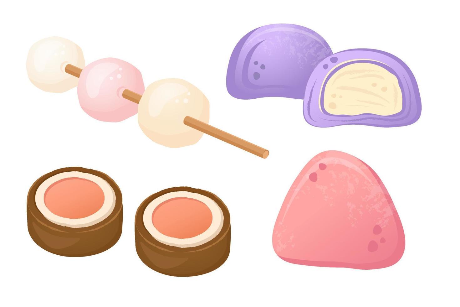 impostato di asiatico dolce. Cinese riso biscotti, giapponese mochi, coreano riso palle isolato. vettore piatto disegnato illustrazione per ristorante piatti, menù, dolci, cucinando concetto