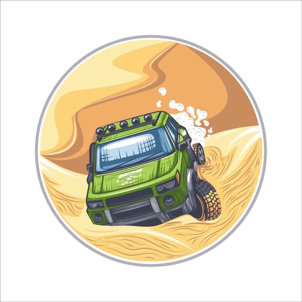 verde suv è guida attraverso difficile ostacoli nel il deserto. può essere stampato su magliette. vettore