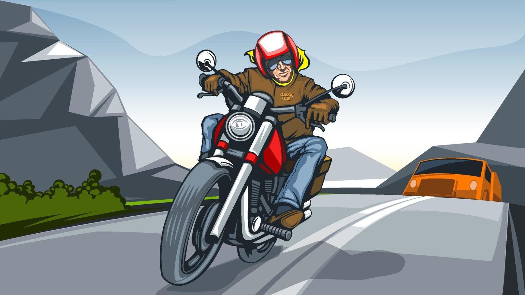 illustrazione paesaggio con un' motociclo cavaliere, vettore Immagine.