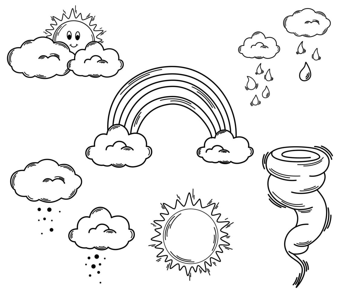 tempo metereologico scarabocchio impostare. sole, nuvole, arcobaleno, uragano, neve, pioggia temporale. tempo metereologico previsione. mano disegnato vettore illustrazione isolato su il bianca sfondo.