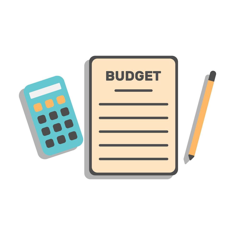 bilancio pianificazione cartone animato illustrazione con documento oggetti, calcolatrice e penna vettore