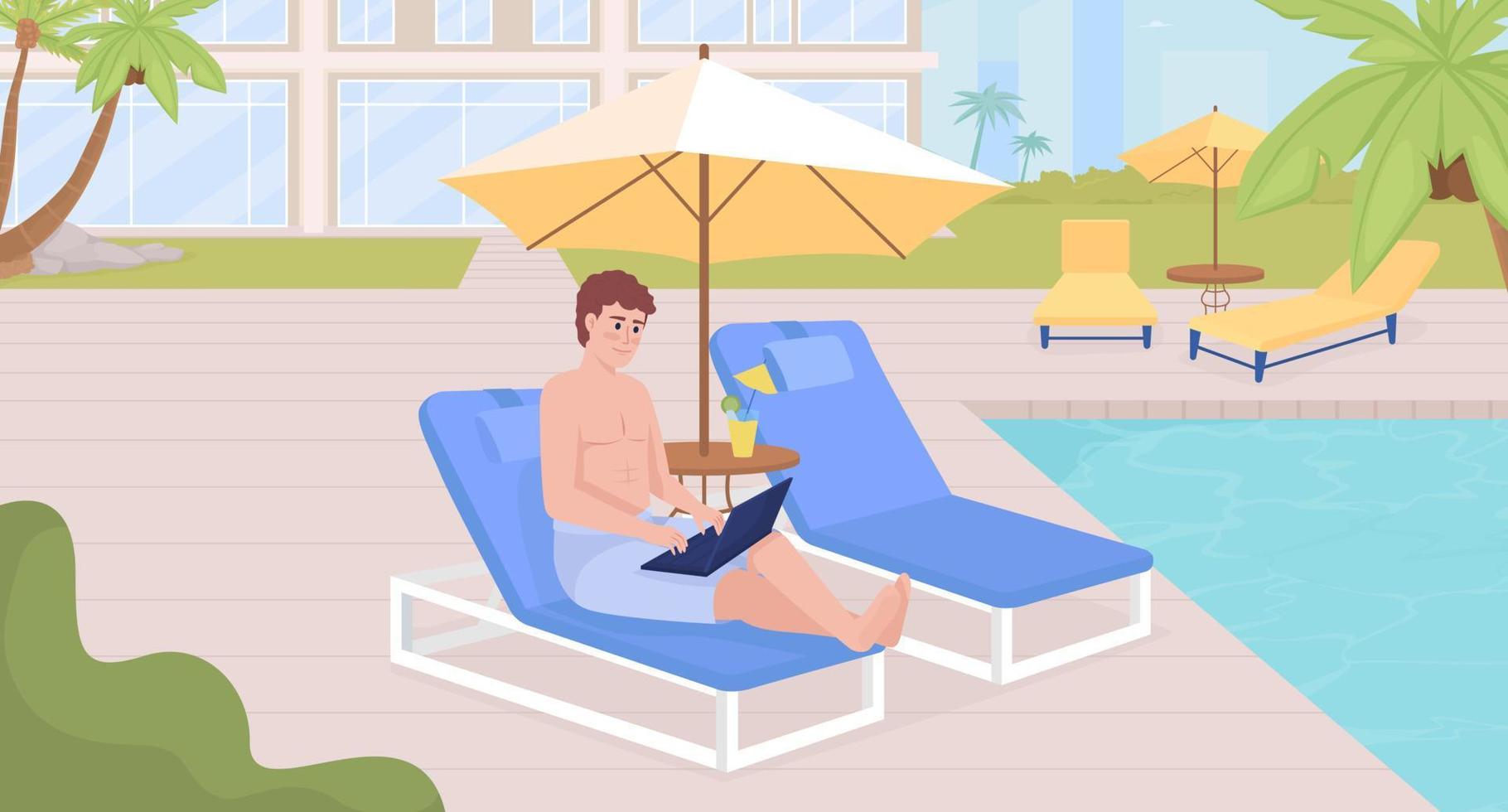 digitale nomade stile di vita su tropicale vacanza piatto colore vettore illustrazione. uomo seduta su lettino vicino nuoto piscina. completamente modificabile 2d semplice cartone animato personaggio con Hotel esterno su sfondo