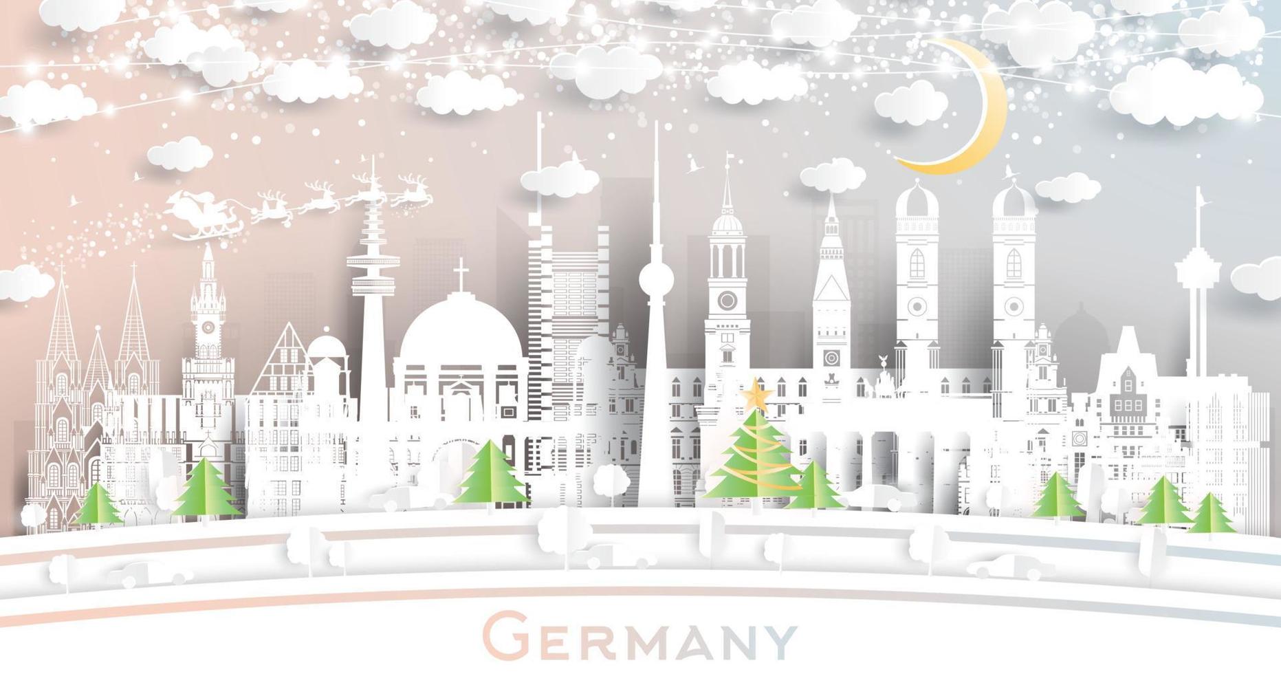 Germania città orizzonte nel carta tagliare stile con fiocchi di neve, Luna e neon ghirlanda. vettore