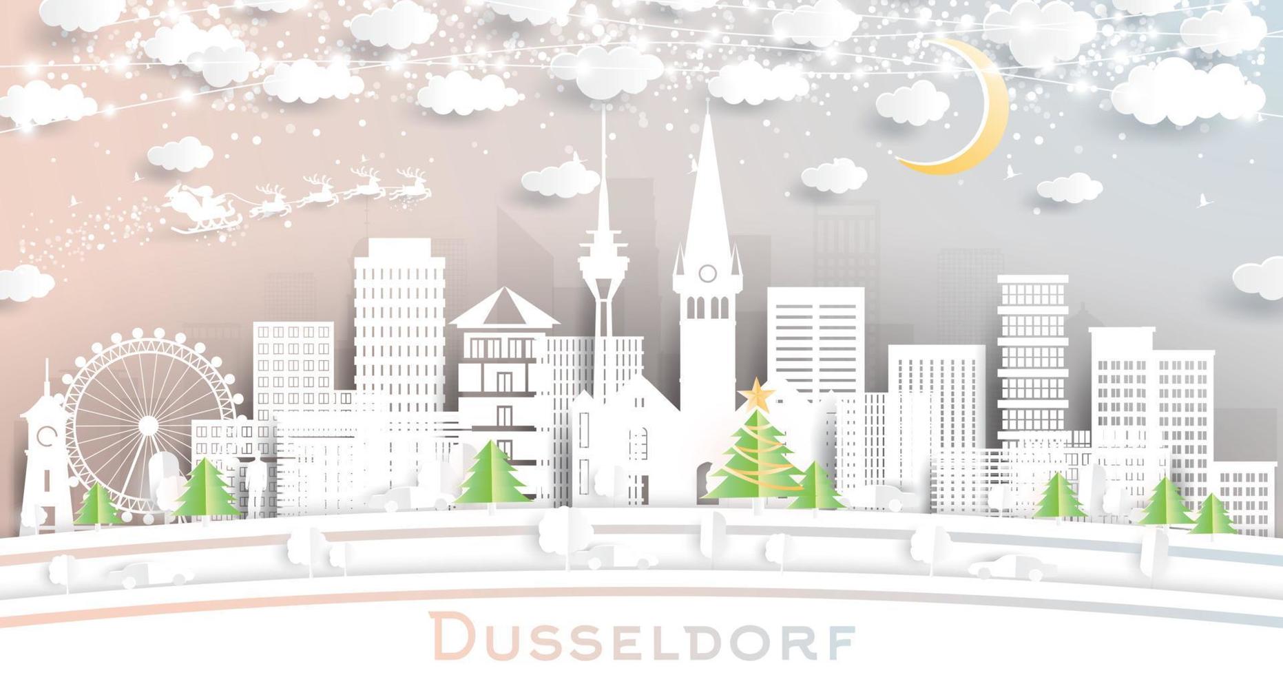 dusseldorf Germania città orizzonte nel carta tagliare stile con fiocchi di neve, Luna e neon ghirlanda. vettore