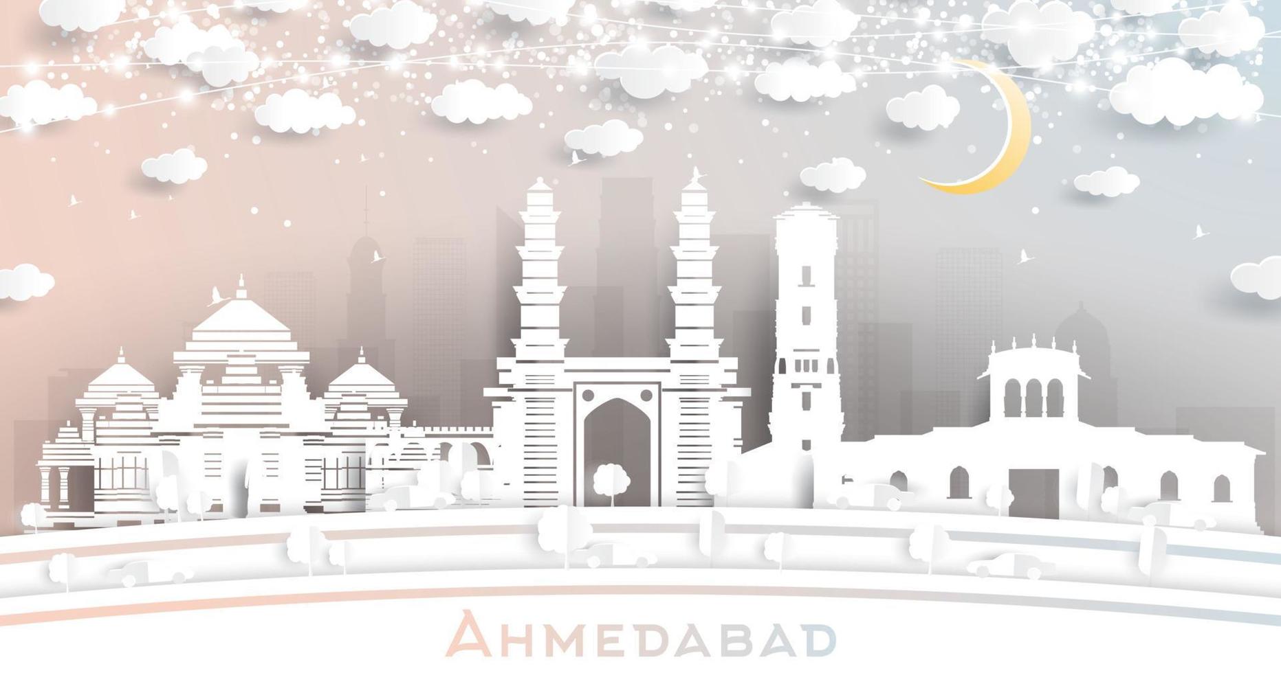 ahmedabad India città orizzonte nel carta tagliare stile con fiocchi di neve, Luna e neon ghirlanda. vettore