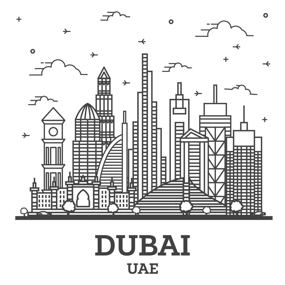 schema dubai unito arabo Emirates Emirati Arabi Uniti città orizzonte con moderno edifici isolato su bianca. vettore