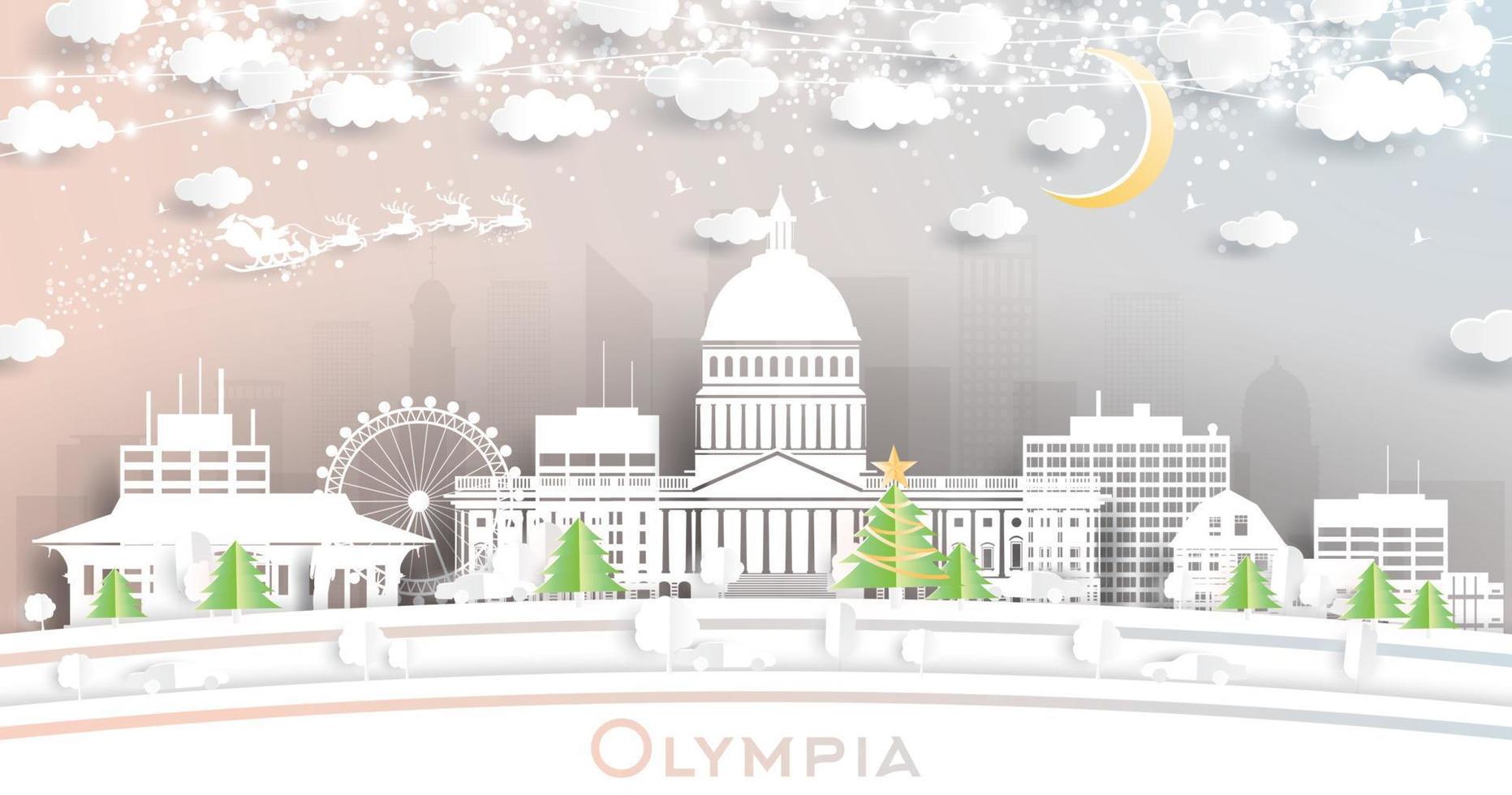 Olimpia Washington città orizzonte nel carta tagliare stile con fiocchi di neve, Luna e neon ghirlanda. vettore