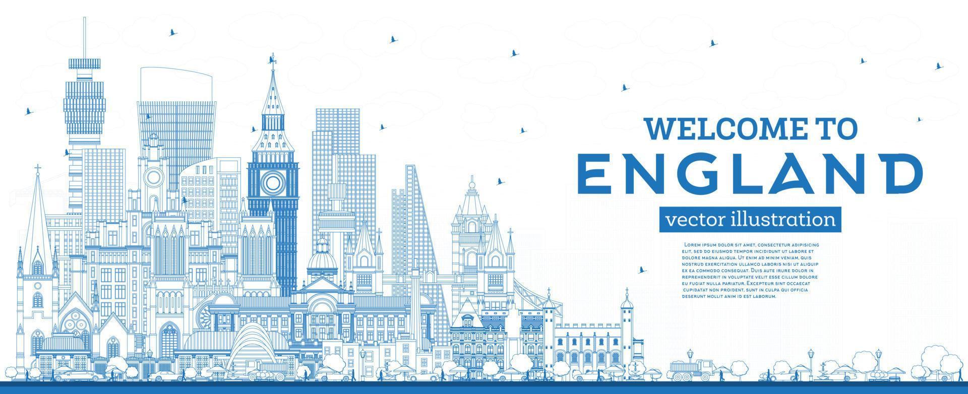 schema benvenuto per Inghilterra città orizzonte con blu edifici. vettore