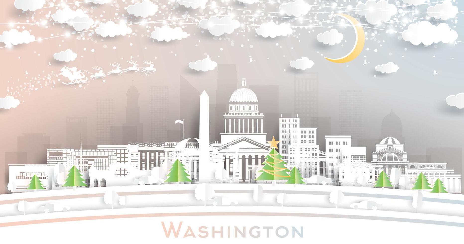 Washington dc Stati Uniti d'America città orizzonte nel carta tagliare stile con fiocchi di neve, Luna e neon ghirlanda. vettore