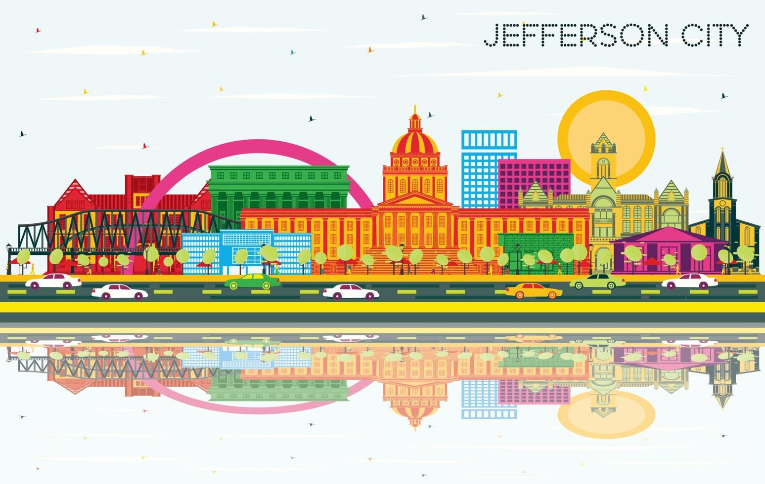 Jefferson città Missouri orizzonte con colore edifici, blu cielo e riflessi. vettore