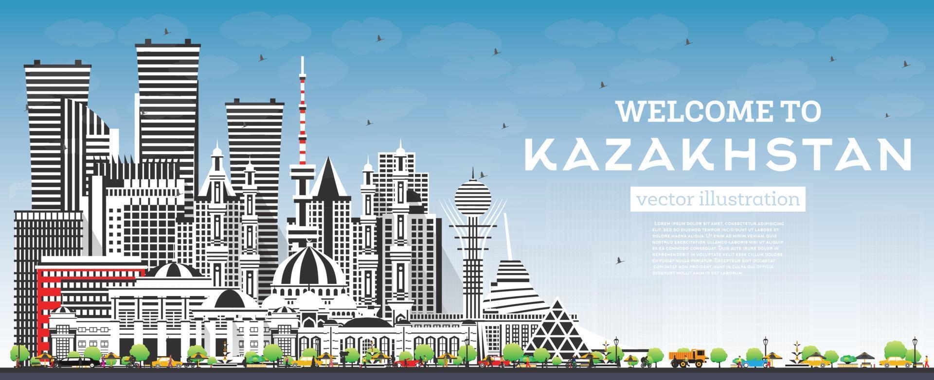 benvenuto per kazakistan. città orizzonte con grigio edifici e blu cielo. vettore