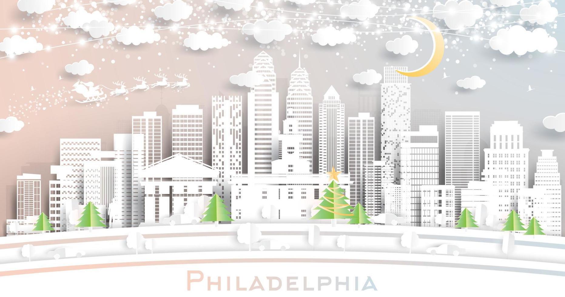 Filadelfia Pennsylvania Stati Uniti d'America città orizzonte nel carta tagliare stile con fiocchi di neve, Luna e neon ghirlanda. vettore
