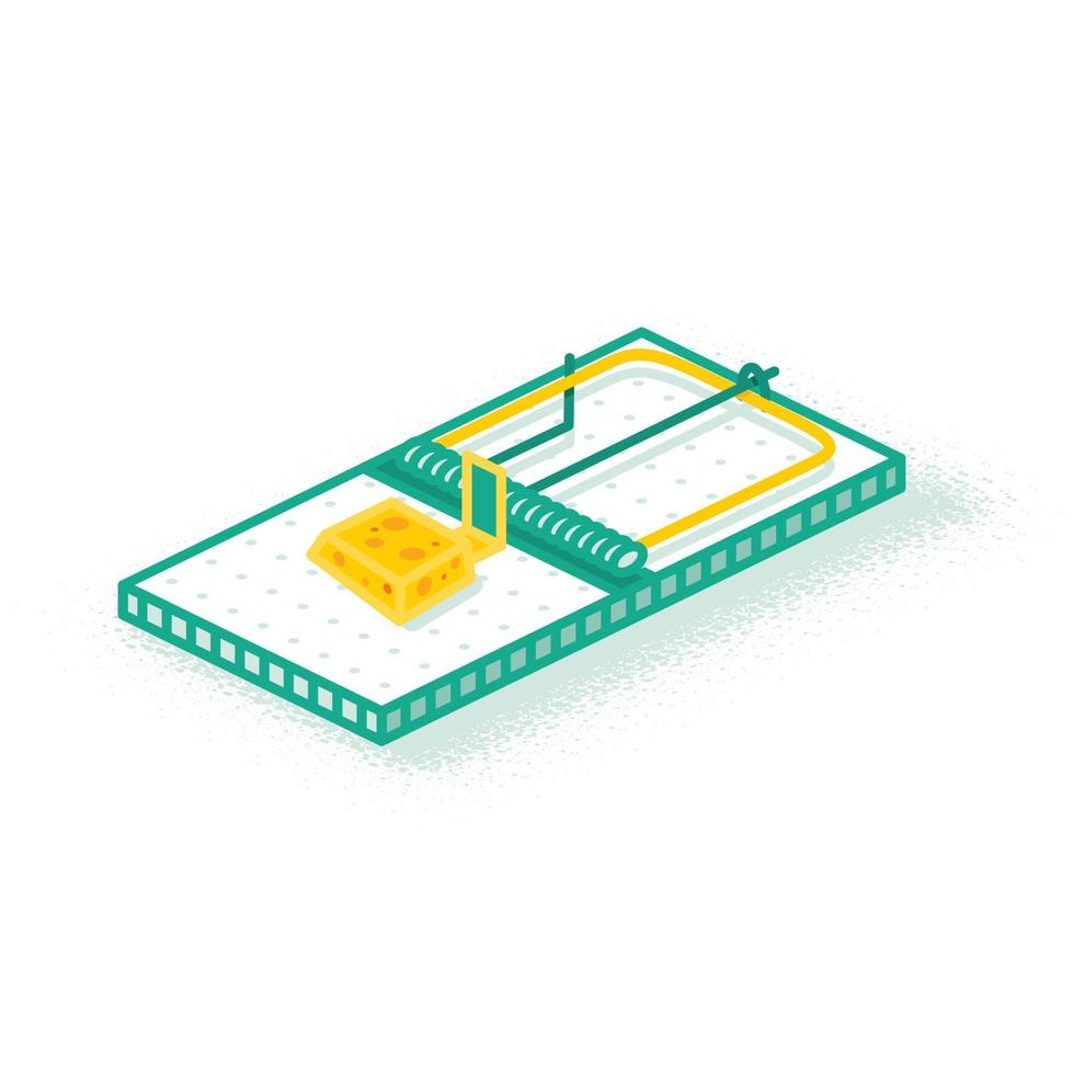 isometrico topo trappola con piccolo pezzo di formaggio. vettore illustrazione.