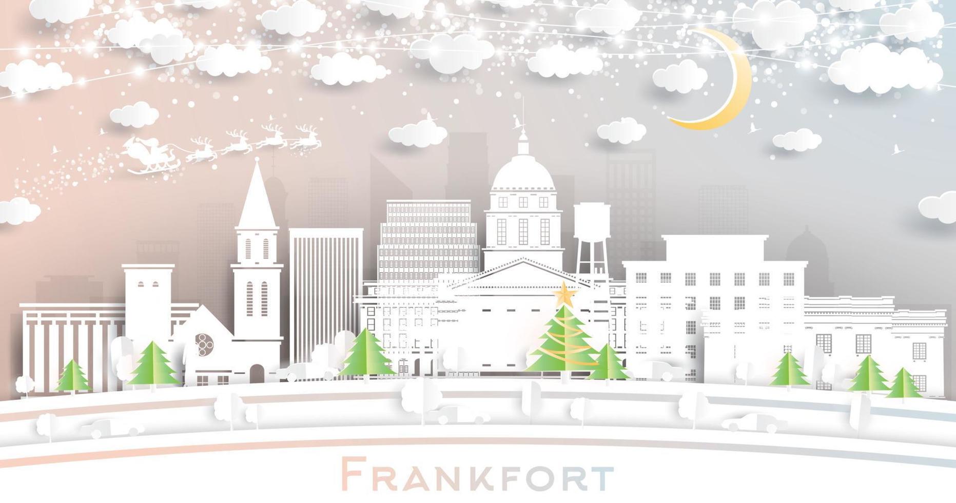 frankfort Kentucky Stati Uniti d'America città orizzonte nel carta tagliare stile con fiocchi di neve, Luna e neon ghirlanda. vettore