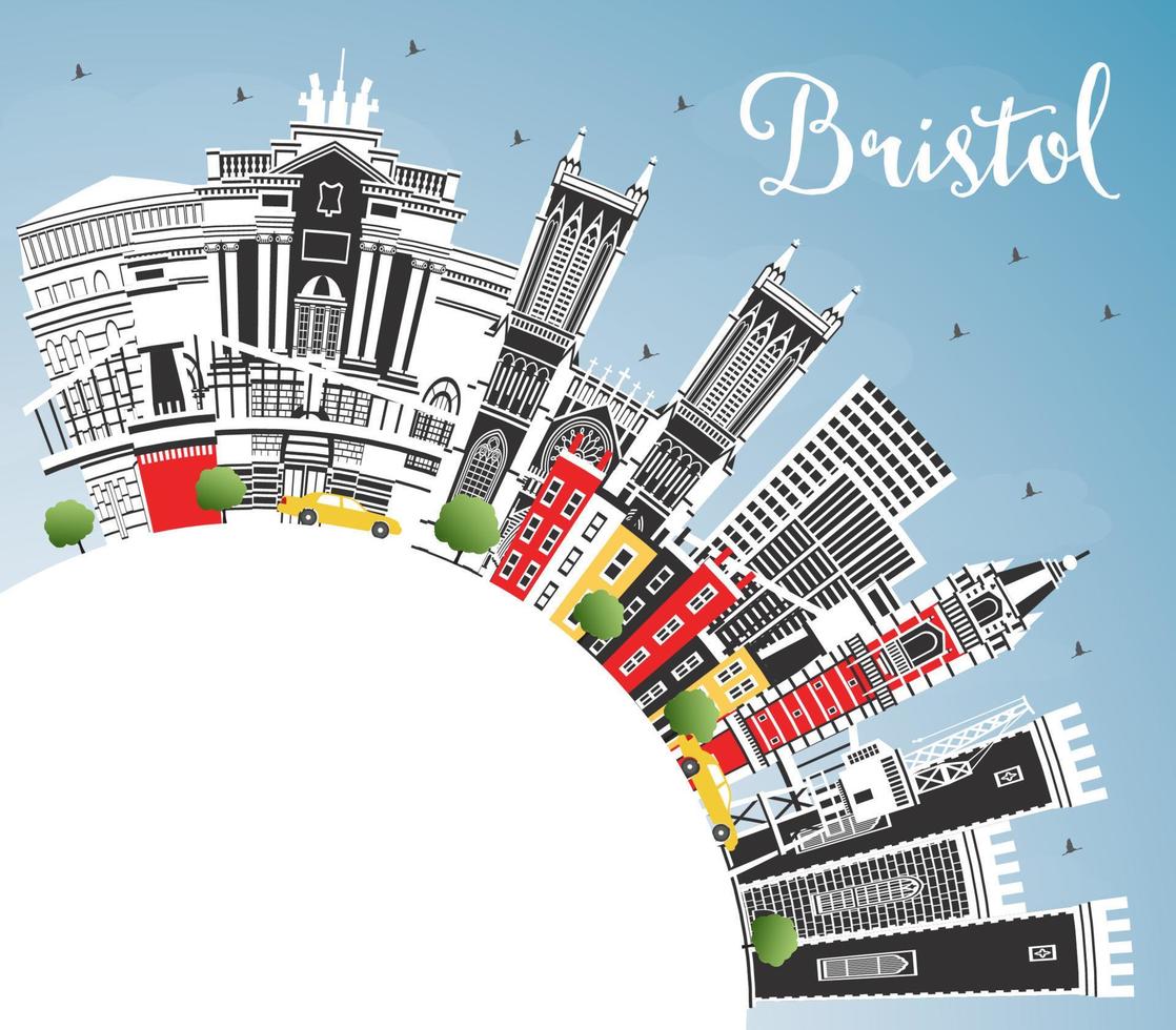 Bristol UK città orizzonte con colore edifici, blu cielo e copia spazio. vettore