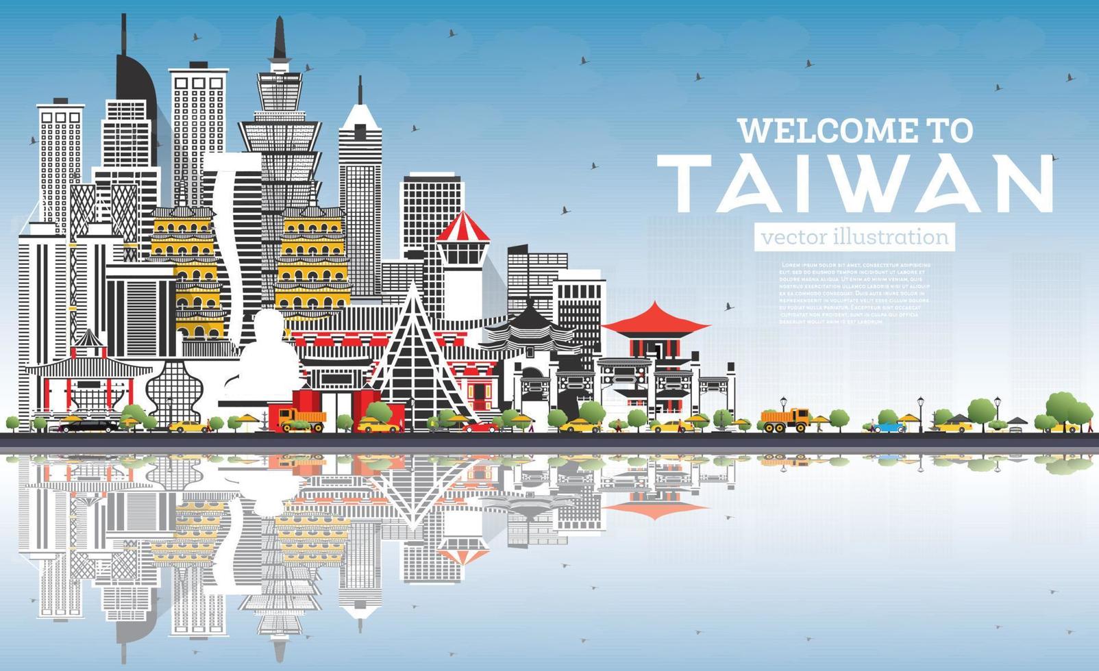 benvenuto per Taiwan città orizzonte con grigio edifici, blu cielo e riflessi. vettore