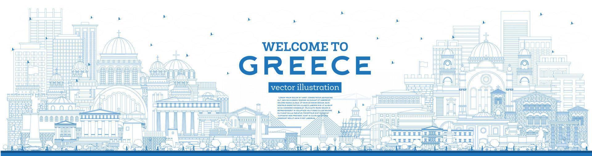 schema benvenuto per Grecia città orizzonte con blu edifici. vettore illustrazione.