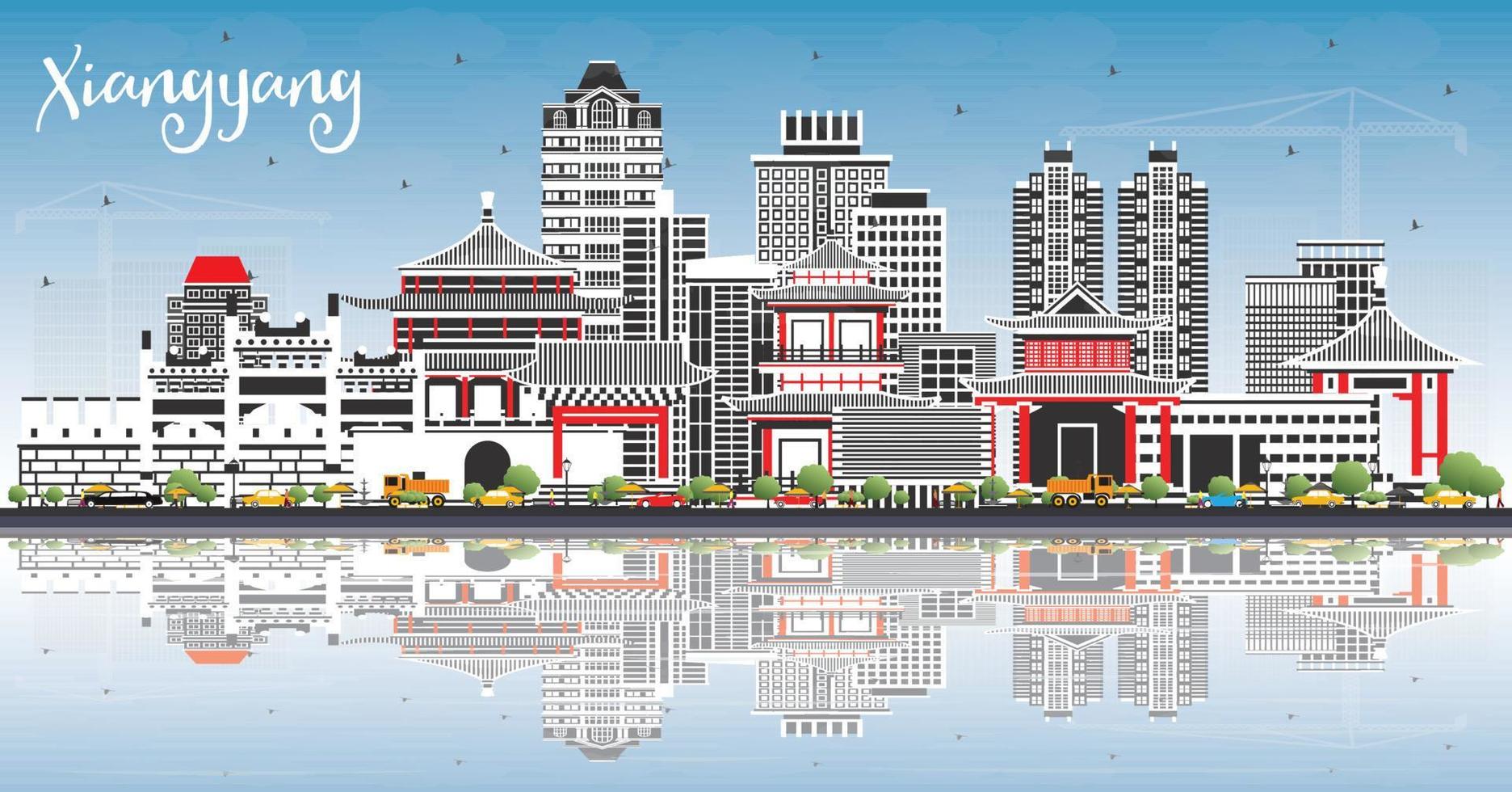 xiangyang Cina città orizzonte con colore edifici, blu cielo e riflessi. vettore