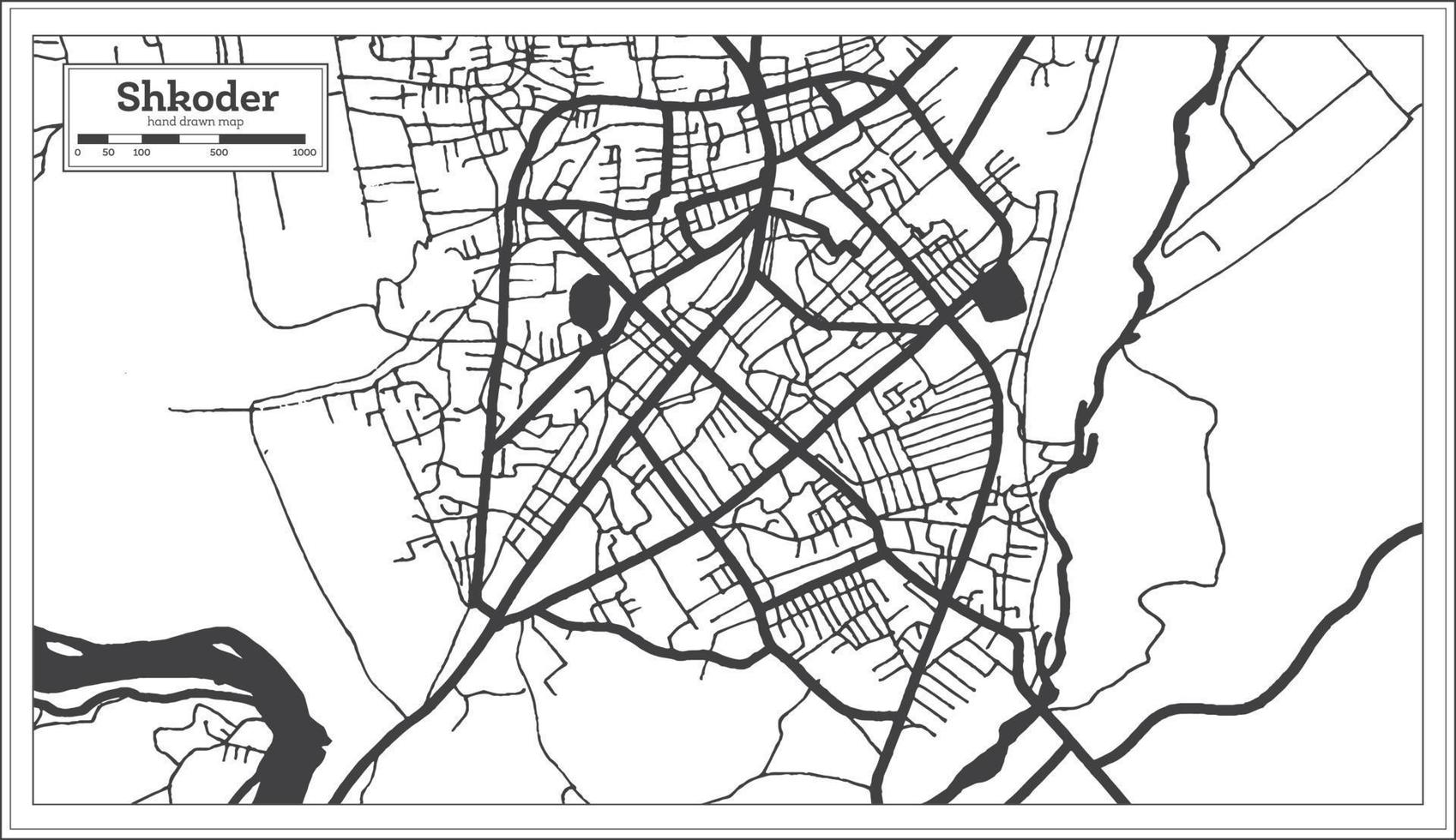 shkoder Albania città carta geografica nel nero e bianca colore nel retrò stile isolato su bianca. vettore