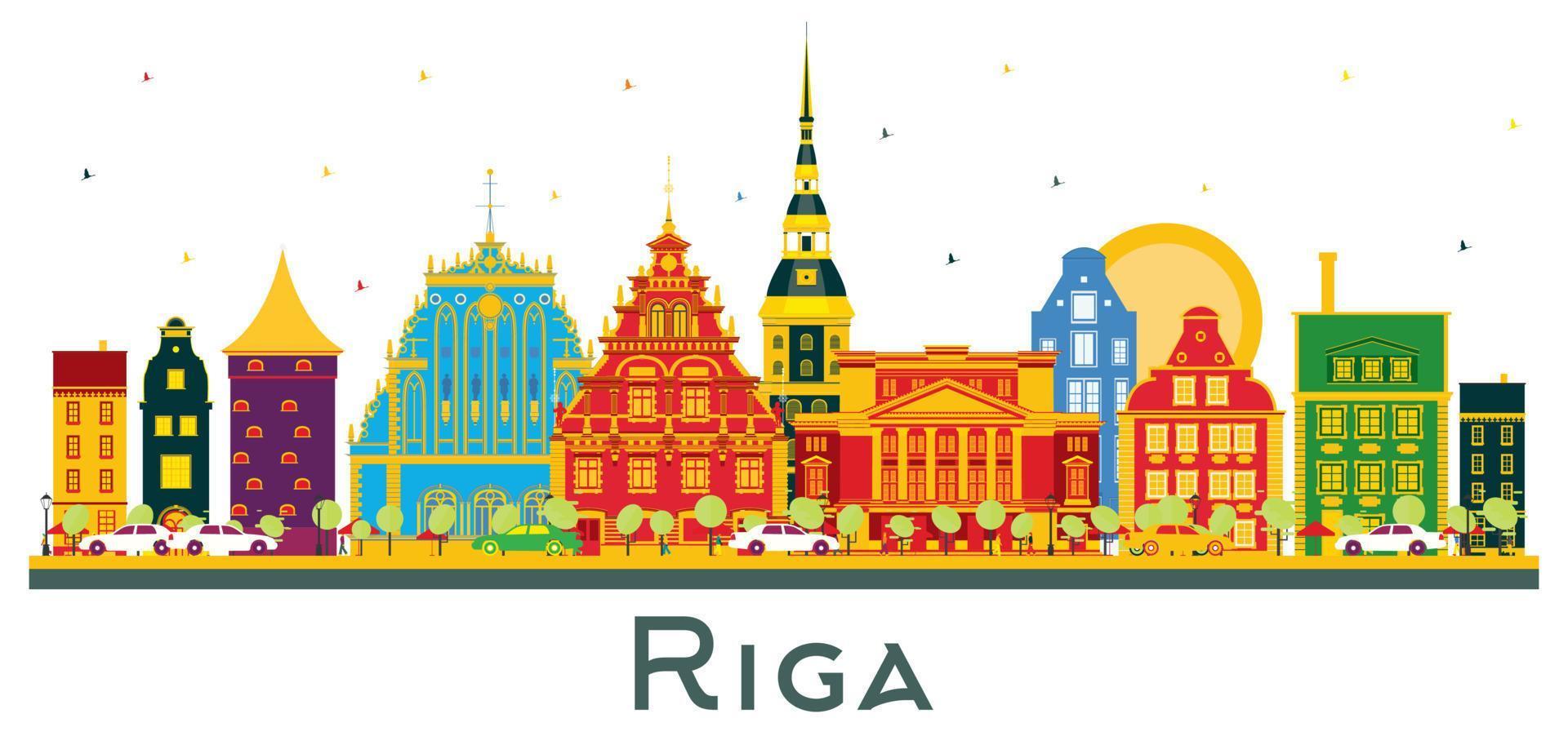 riga Lettonia città orizzonte con colore edifici isolato su bianca. vettore