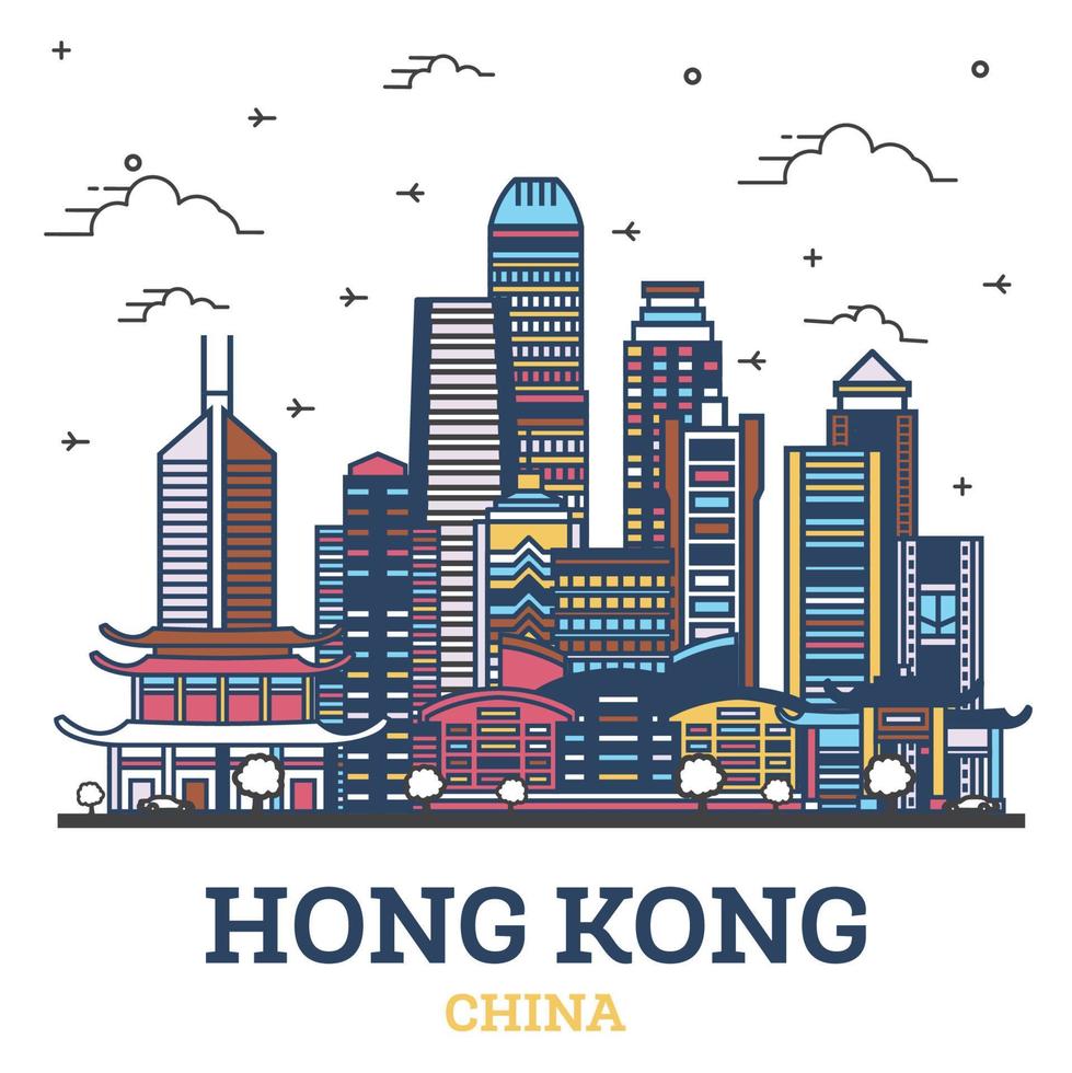 schema hong kong Cina città orizzonte con moderno colorato edifici isolato su bianca. vettore