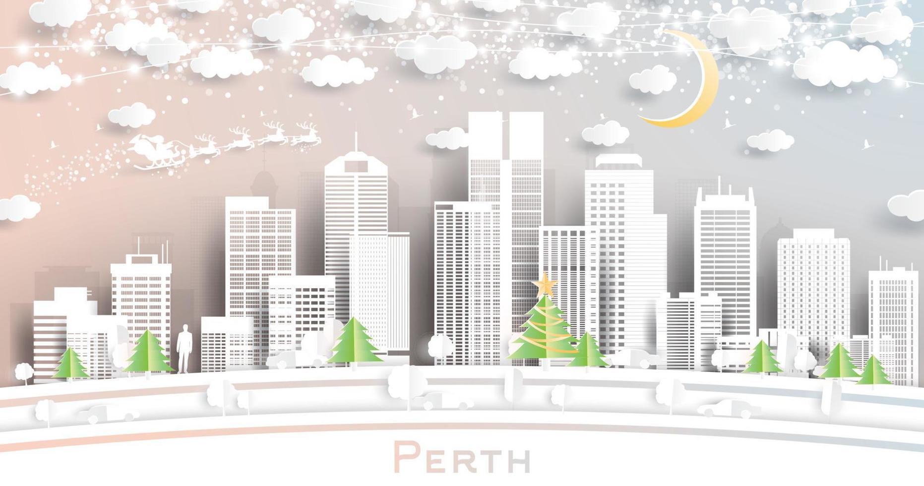 Perth Australia città orizzonte nel carta tagliare stile con fiocchi di neve, Luna e neon ghirlanda. vettore