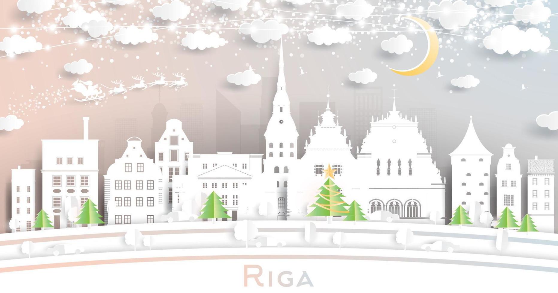 riga Lettonia città orizzonte nel carta tagliare stile con fiocchi di neve, Luna e neon ghirlanda. vettore