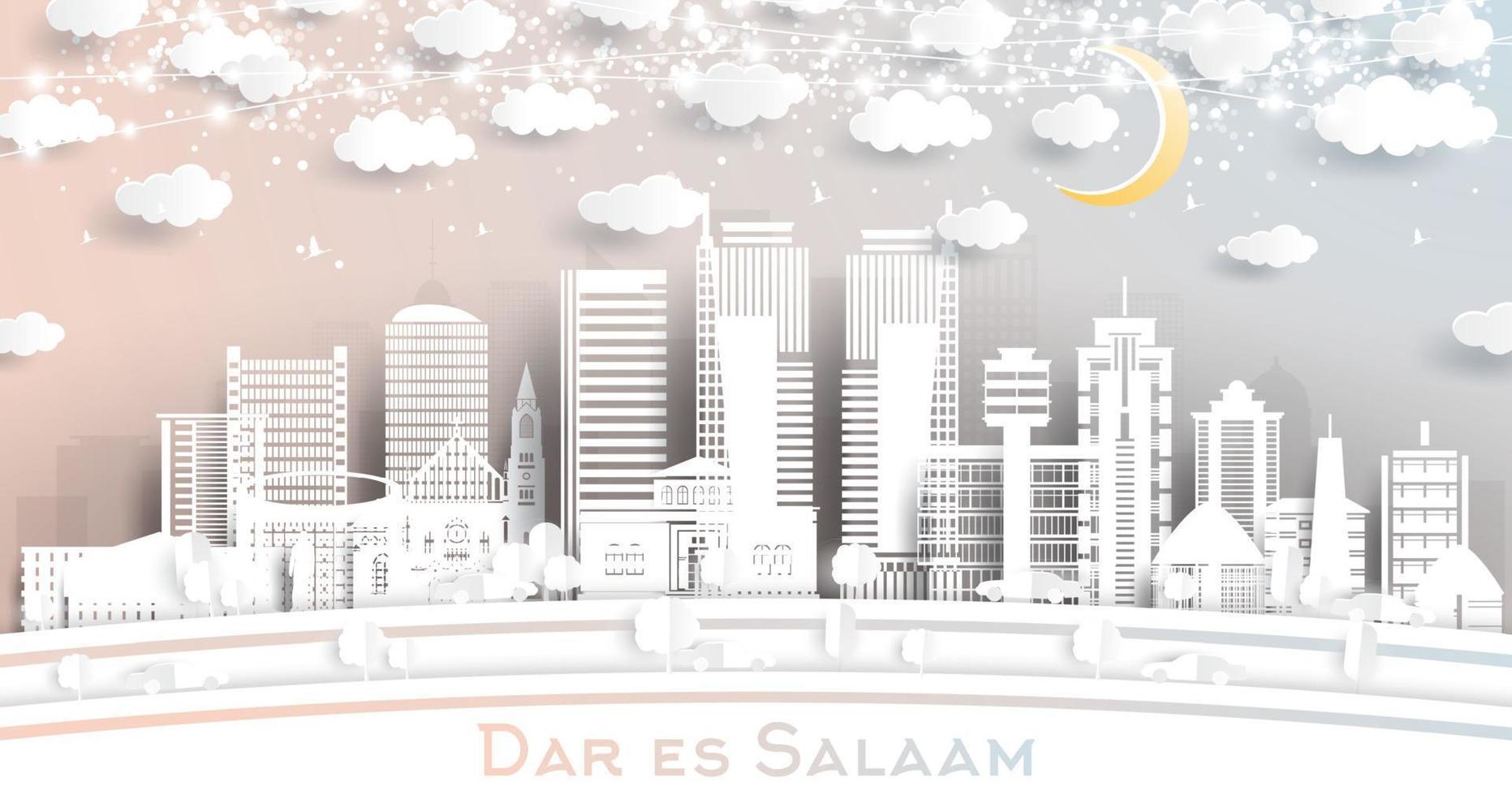 dar es salaam Tanzania città orizzonte nel carta tagliare stile con bianca edifici, Luna e neon ghirlanda. vettore