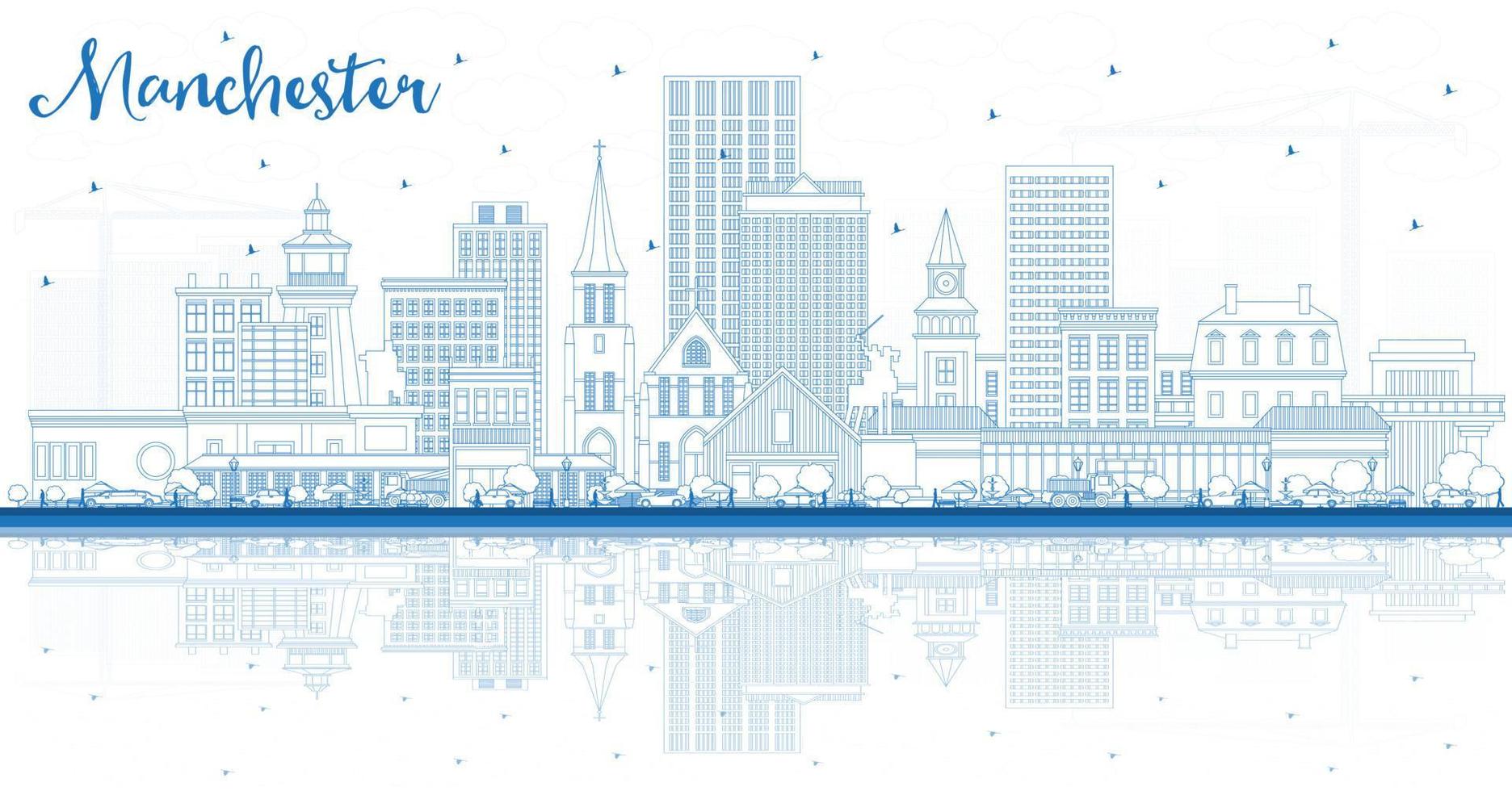 schema Manchester nuovo Hampshire città orizzonte con blu edifici e riflessi. vettore