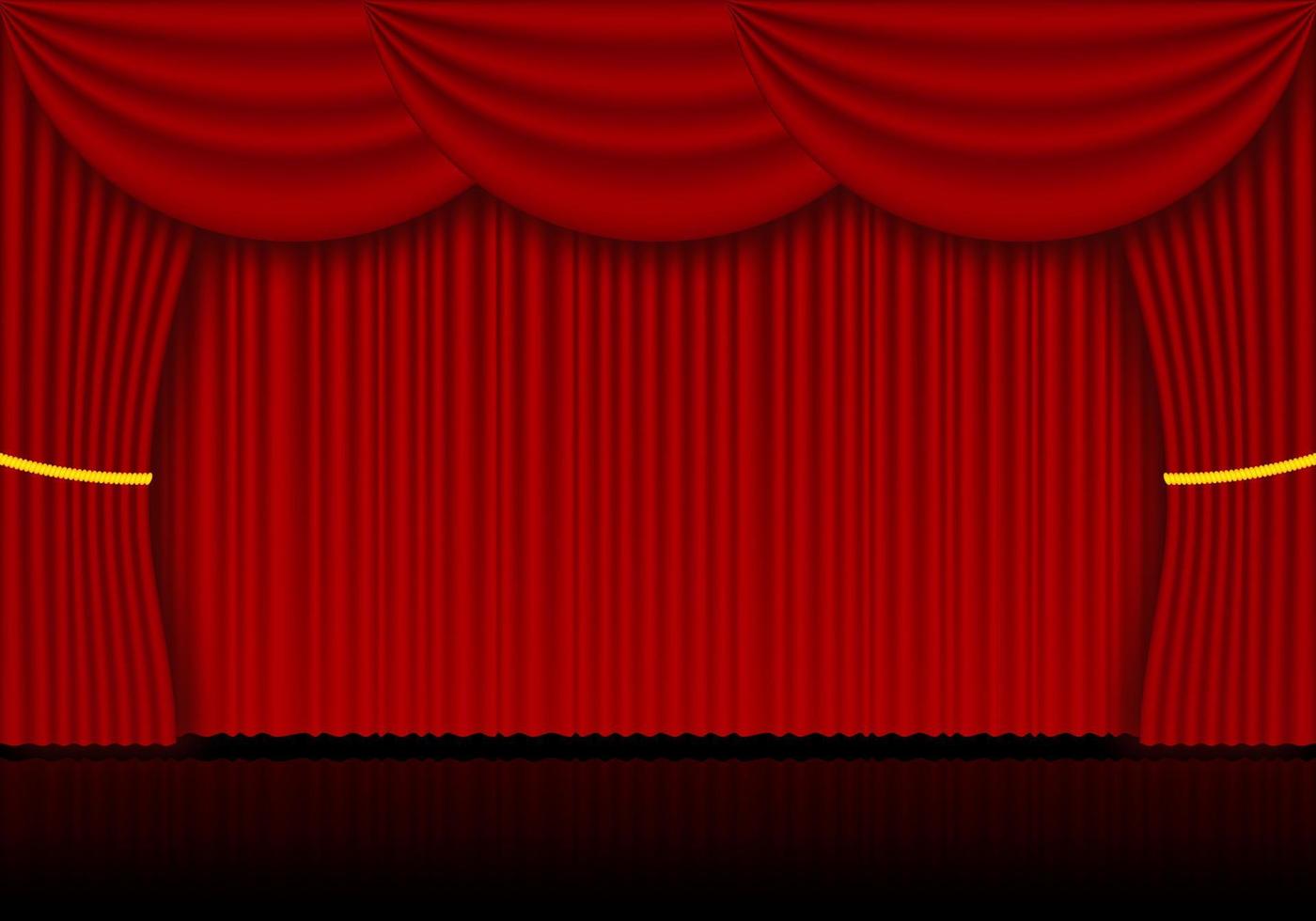 rosso tenda musica lirica, cinema o Teatro palcoscenico tende. riflettore su chiuso velluto le tende sfondo. vettore illustrazione