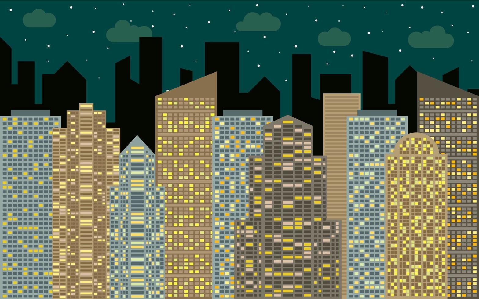 notte urbano paesaggio. strada Visualizza con paesaggio urbano, grattacieli e moderno edifici a soleggiato giorno. città spazio nel piatto stile sfondo concetto. vettore