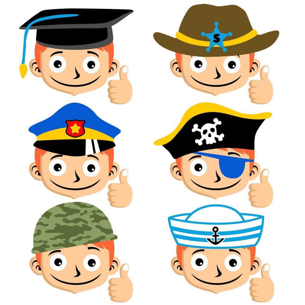 impostato di ragazzo con pollice su indossare diverso berretto, vettore cartone animato illustrazione