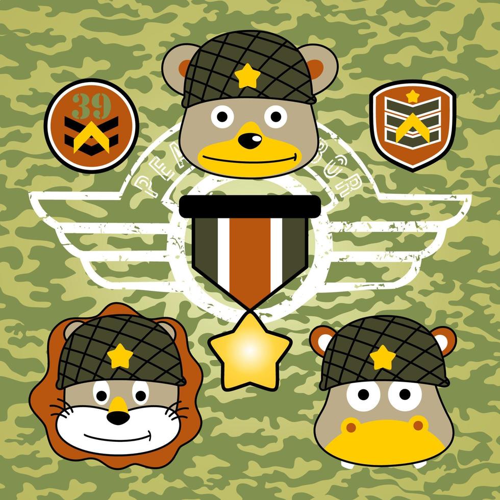 divertente animali soldati con militare logo su camuffare sfondo, vettore cartone animato illustrazione