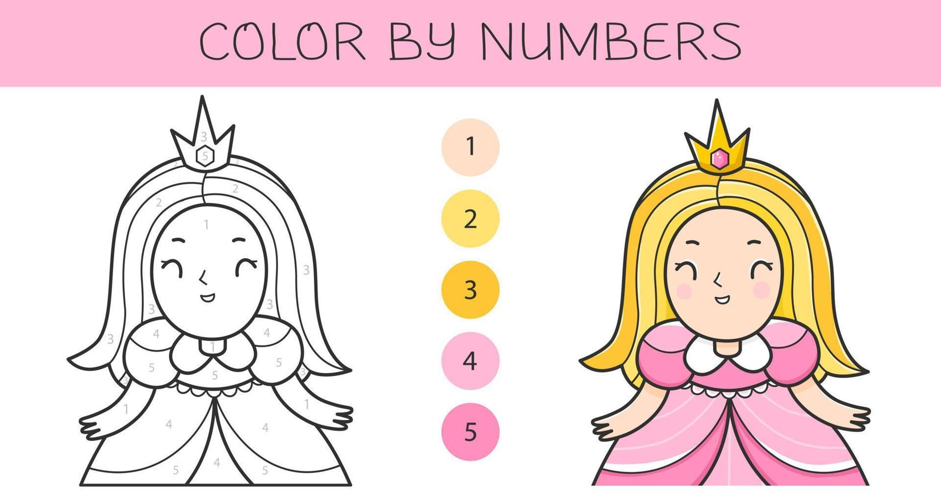 colore di numeri colorazione libro per bambini con un' Principessa. colorazione pagina con carino cartone animato Principessa con un esempio per colorazione. monocromatico e colore versioni. vettore illustrazione.