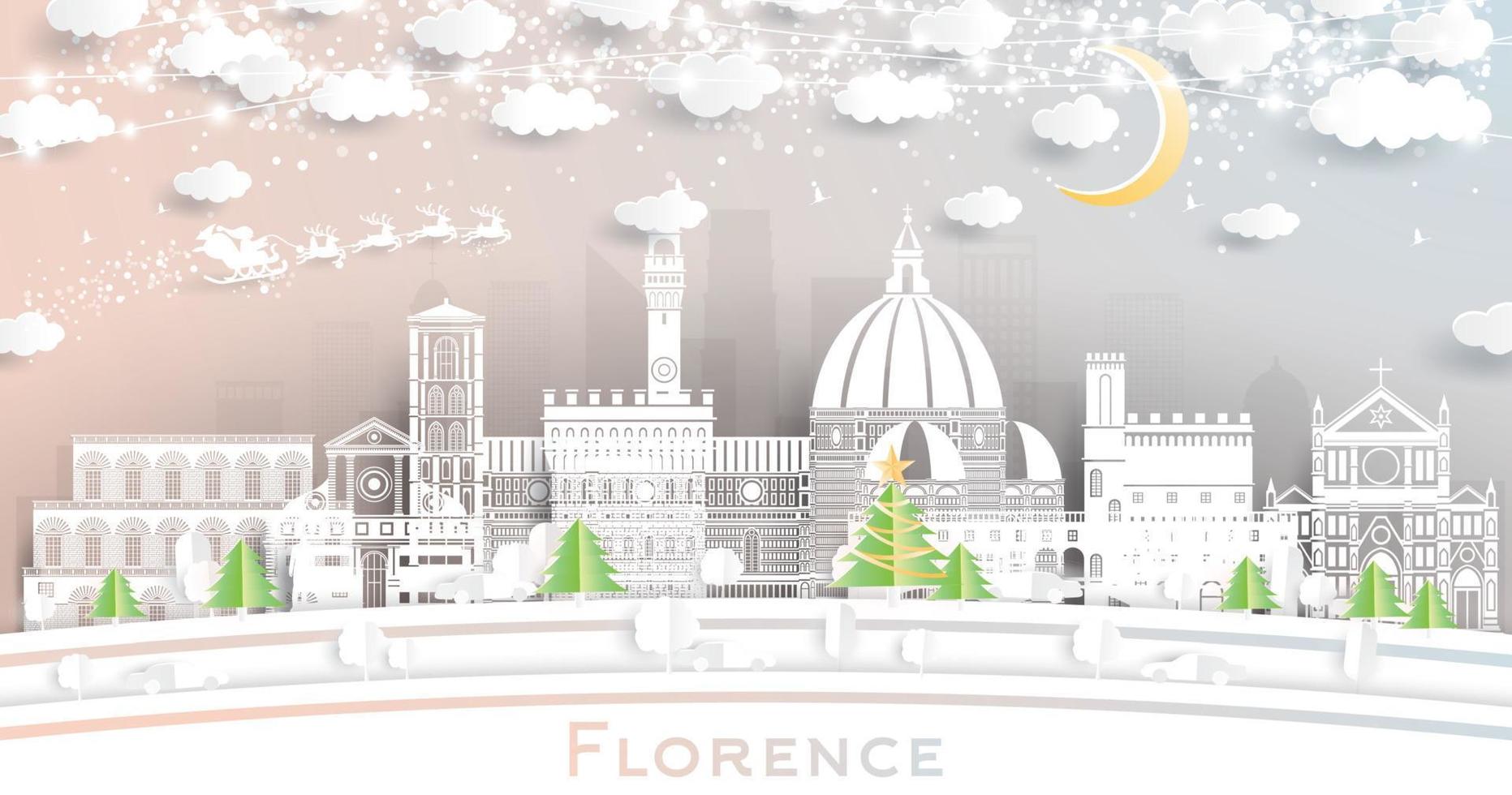 Firenze Italia città orizzonte nel carta tagliare stile con fiocchi di neve, Luna e neon ghirlanda. vettore