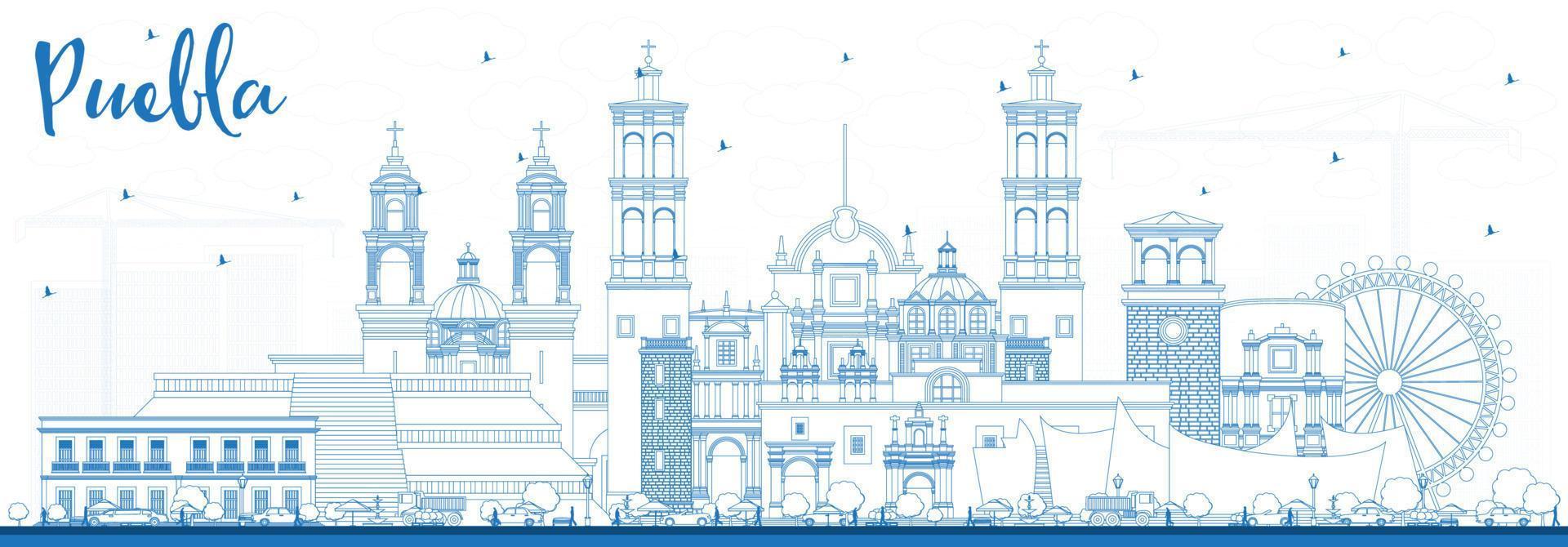 schema Puebla Messico città orizzonte con blu edifici. vettore