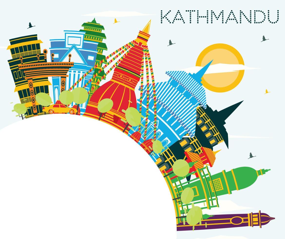 Kathmandu Nepal città orizzonte con colore edifici, blu cielo e copia spazio. vettore