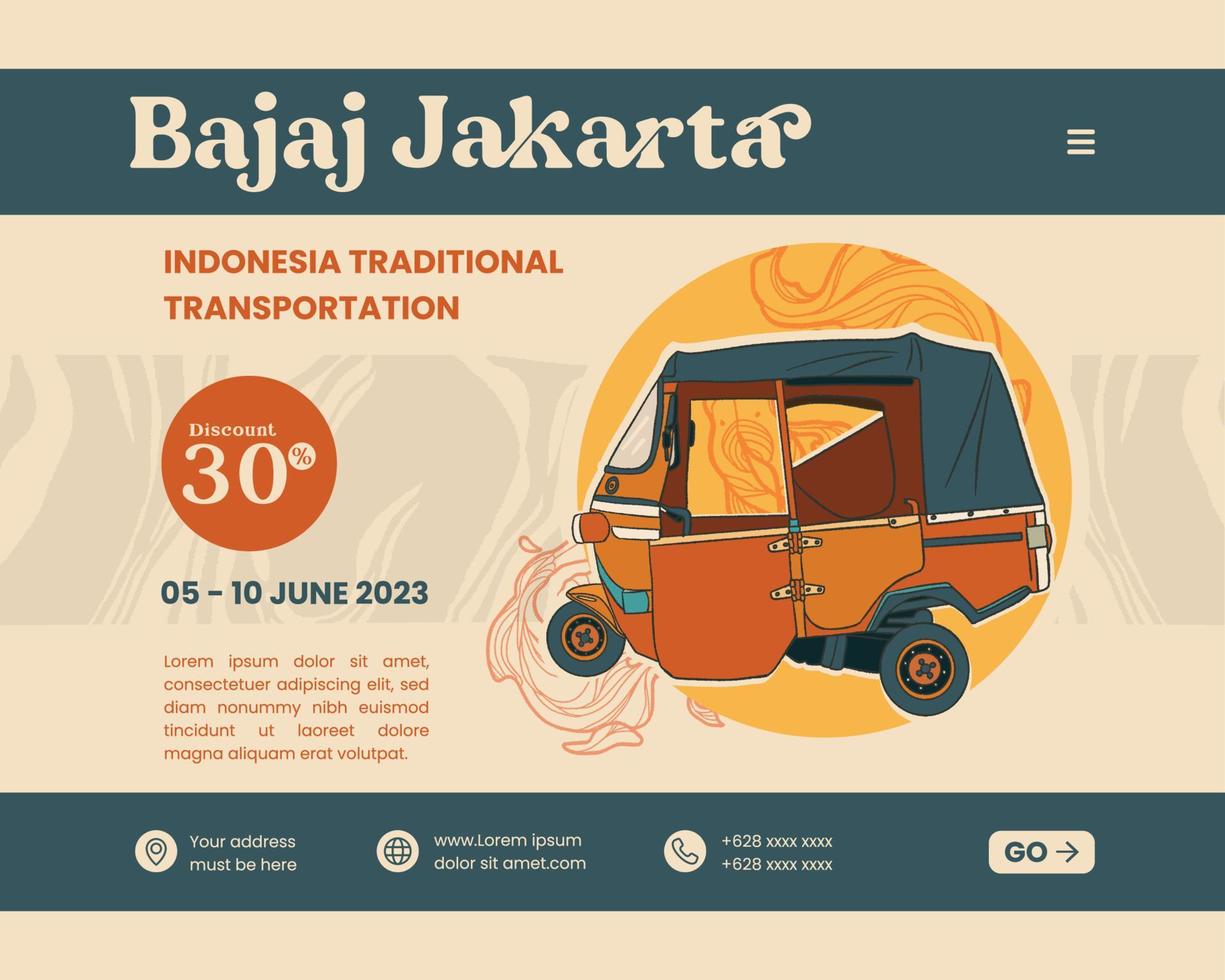 bajaj jakarta mano disegnato illustrazione, indonesiano tradizionale mezzi di trasporto vettore