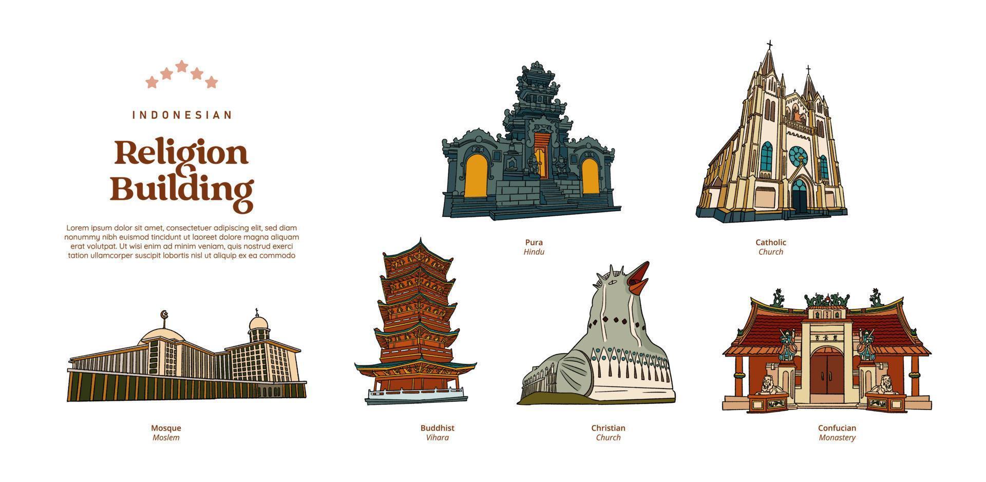 indonesiano religione edificio mano disegnato illustrazione. moschea, pura, Chiesa, vihara e monastero costruzione. vettore