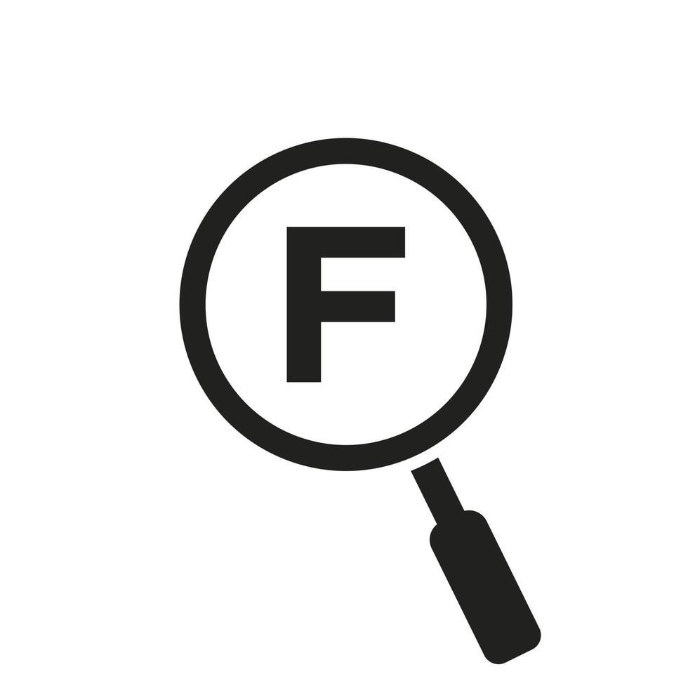ricerca logo su lettera f vettore modello. ingrandimento bicchiere cartello