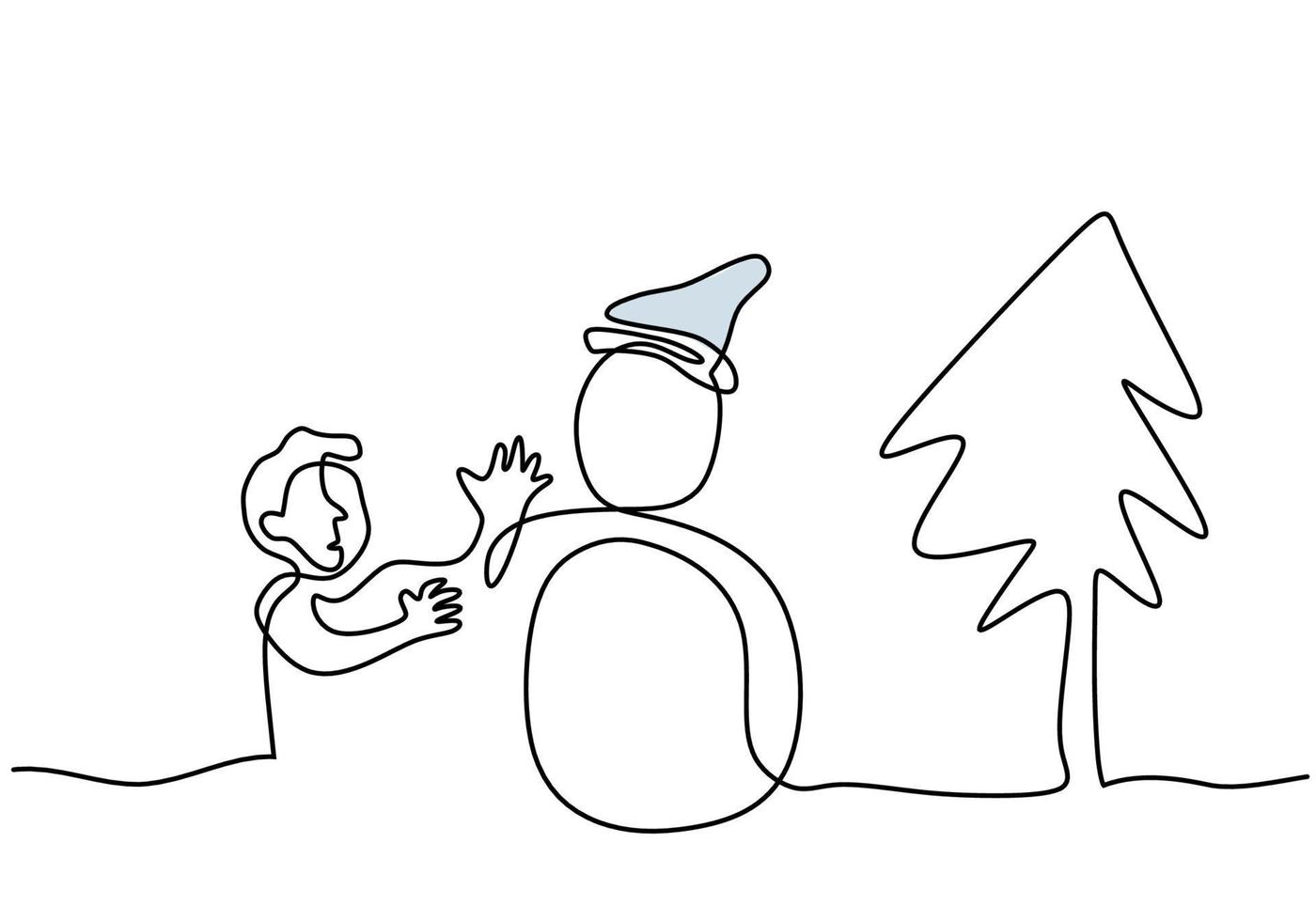 mano disegno uno linea di uomo giocare pupazzo di neve isolato su bianca sfondo vettore