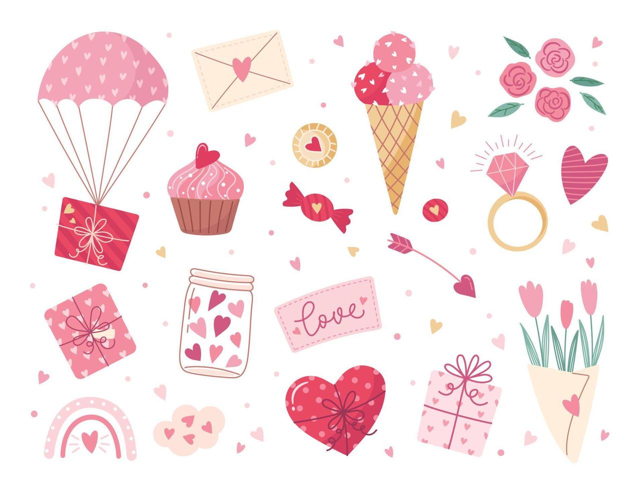 San Valentino giorno elementi impostare. regalo, cuore, fiori, cupcake, mazzo, caramella, e altri per decorativo. adesivi cartone animato stile. vettore illustrazione.